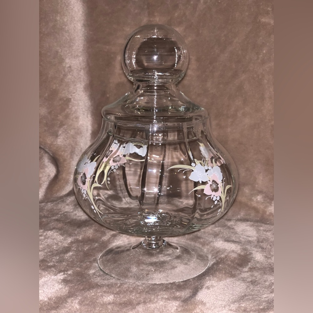 Vintage Pastel Floral Clear Glass Apothecary Pedestal Jar Round Bubble Potbelly